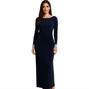 MARINA Navy Long Sleeve Dress with Embellished Cuffs